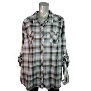 Torrid Plaid Camp Shirt Plus Size 3X Roll Tab Sleeve Pockets 100% Cotton‎ Green